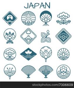 Japanese icons with unusual floristic patterns in shape of rhombus or traditional fan in blue color isolated cartoon flat vector illustrations set.. Japanese Icons with Unusual Floristic Patterns