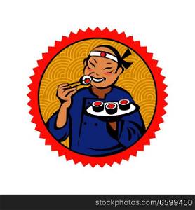 Japanese in kimono to eat sushi and rolls. Vector logo of Japanese restaurant. Sushi restaurant. Fresh seafood.