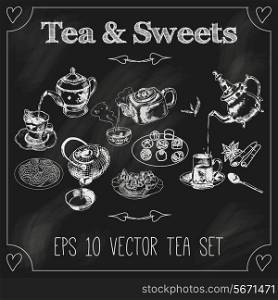 Japanese indian and classic english porcelai teapots teacups and sweets sketches composition set blackboard chalk vector illustration