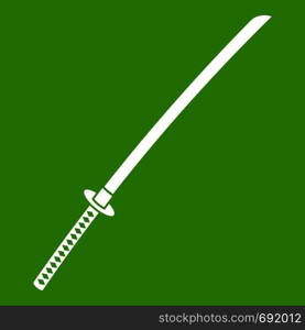 Japanese katana icon white isolated on green background. Vector illustration. Japanese katana icon green