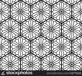 Japanese Kumiko seamless pattern black and white fine lines inscribed in hexagons of medium thickness. Seamless traditional Japanese ornament Kumiko