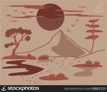Japanese landscape in halftone style. Design for flyer or presentation, card, wallpaper. Vector art illustration. Japanese landscape in halftone style
