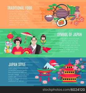 Japanese Life Style Horizontal Banners Set . Japanese national symbols traditional food and lifestyle information 3 flat horizontal banners set abstract isolated vector illustration