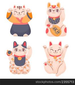 Japanese lucky cats waving with paws. Asian figurine in traditional clothing with greeting gesture. Smiling pet character bringing luck and prosperity. Isolated talisman vector set. Japanese lucky cats waving with paws. Asian figurine in traditional clothing with greeting gesture. Smiling pet