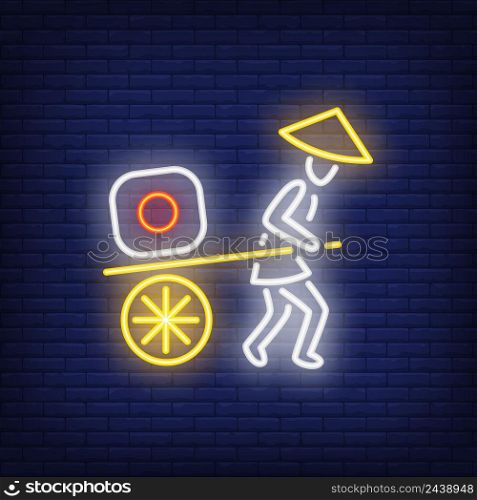 Japanese man with sushi on cart neon sign. Japanese food delivery, restaurant. Advertisement design. Night bright neon sign, colorful billboard, light banner. Vector illustration in neon style.
