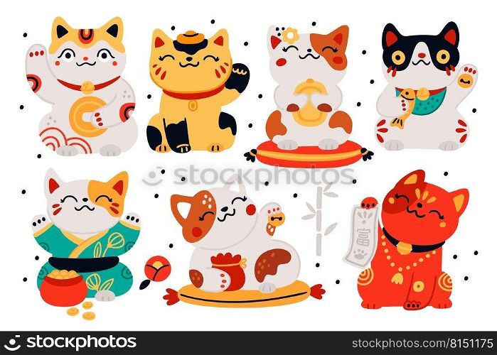 Japanese maneki neko cats. Asian good luck symbols. Cute happy kitty characters. Folklore figurines. Fortune and wealth talismans. Funny toys. Traditional oriental dolls. Garish vector kittens set. Japanese maneki neko cats. Asian good luck symbols. Cute kitty characters. Folklore figurines. Fortune and wealth talismans. Funny toys. Traditional dolls. Garish vector kittens set