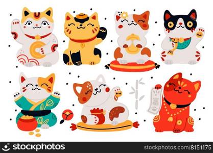 Japanese maneki neko cats. Asian good luck symbols. Cute happy kitty characters. Folklore figurines. Fortune and wealth talismans. Funny toys. Traditional oriental dolls. Garish vector kittens set. Japanese maneki neko cats. Asian good luck symbols. Cute kitty characters. Folklore figurines. Fortune and wealth talismans. Funny toys. Traditional dolls. Garish vector kittens set