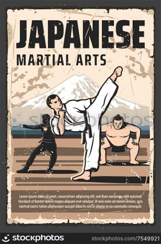 Japanese martial arts and traditional fighting culture vintage retro poster. Vector Japanese sumo wrestler, ninja, kung fu and aikido, judo and taekwondo martial arts combat fighter. Japan culture, Japanese martial arts tradition