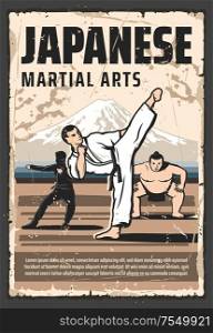 Japanese martial arts and traditional fighting culture vintage retro poster. Vector Japanese sumo wrestler, ninja, kung fu and aikido, judo and taekwondo martial arts combat fighter. Japan culture, Japanese martial arts tradition