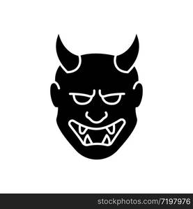 Japanese mask black glyph icon. Hannya face. Evil mythological creature from japan folklore. Noh theater attribute. Asian souvenir. Silhouette symbol on white space. Vector isolated illustration