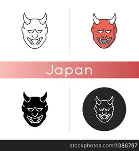 Japanese mask icon. Hannya face. Evil mythological creature from japan folklore. Noh theater attribute. Asian souvenir. Linear black and RGB color styles. Isolated vector illustrations. Japanese mask icon