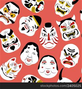 Japanese mask pattern. Authentic tattoo art colored pictures theatrical woman faces masks of asian girl recent vector seamless background for textile design. Illustration of japanese pattern with mask. Japanese mask pattern. Authentic tattoo art colored pictures theatrical woman faces masks of fox and wolf portraits asian girl recent vector seamless background for textile design