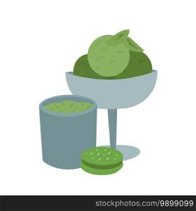 Japanese matcha green tea powder. Sweets from the matcha. Cup of tea, ice cream, cookie and green leaves. Vector flat illustration for menus, recipes and your creativity. Japanese matcha green tea powder. Sweets from the matcha. Cup of tea, ice cream, cookie and green leaves. Vector flat illustration