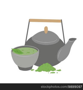 Japanese matcha green tea powder. Traditional tea ceremony. Cup of tea, matcha powder, clay teapot and green leaves. Vector flat illustration for menus, recipes and your creativity. Japanese matcha green tea powder. Traditional tea ceremony. Cup of tea, matcha powder, clay teapot and green leaves. Vector flat illustration