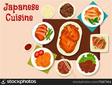 Japanese meat dishes vector design of Asian cuisine. Chicken wings and giblets with miso and soy sauce, liver with vegetables, fried and stewed pork with sesame and ginger, asparagus, pepper, beans. Japanese meat dishes with vegetables and spices