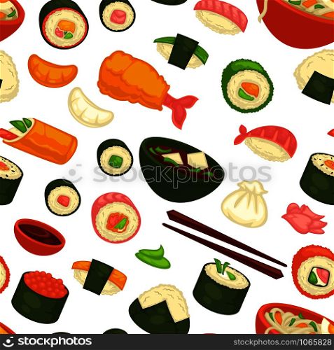 Japanese national cuisine dishes and meal seamless pattern vector sushi made from shrimps fish meat rice and nori seaweed plates served with chopsticks and onigiri natural products and ingredients.. Japanese national cuisine dishes and meal seamless pattern