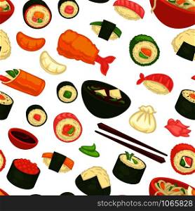 Japanese national cuisine dishes and meal seamless pattern vector sushi made from shrimps fish meat rice and nori seaweed plates served with chopsticks and onigiri natural products and ingredients.. Japanese national cuisine dishes and meal seamless pattern