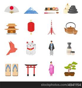 Japanese National Symbols Flat Icons Set. Japanese culture traditions and national symbols flat icons collection with tea ceremony and kimono isolated vector illustration