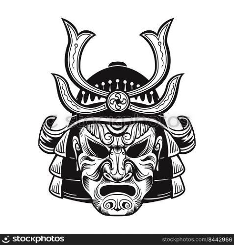 Japanese ninja in black mask. Japan traditional vintage warrior isolated vector illustration. Military art and design elements concept