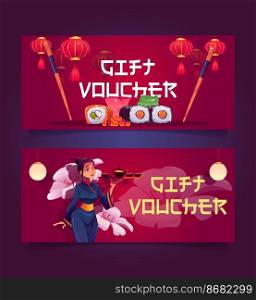 Japanese or Chinese restaurant gift voucher, certificate for visiting asian cuisine, sushi bar or cafe. Woman wear traditional kimono carry tray for tea ceremony, rolls, chopsticks Vector flyer mockup. Japanese or Chinese restaurant, cafe gift voucher