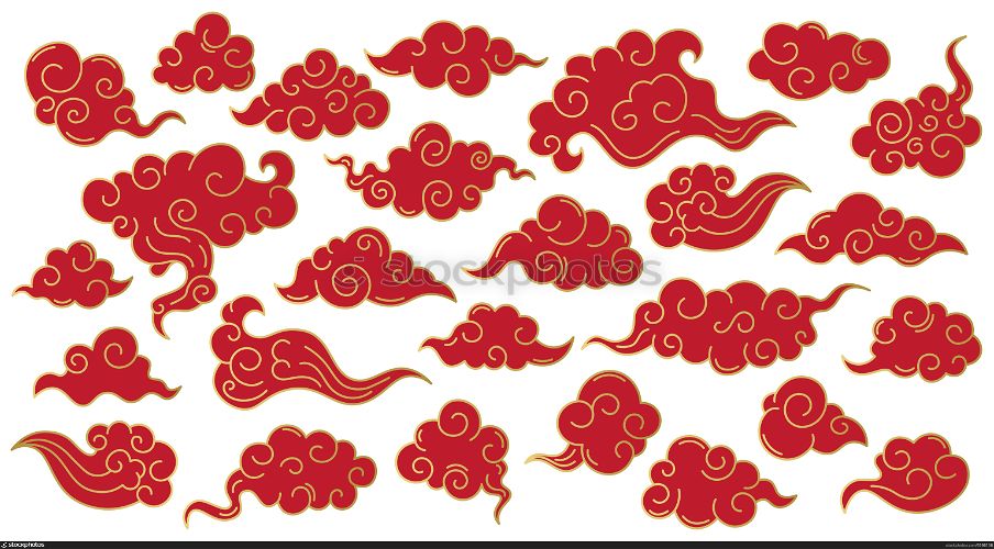 Japanese oriental clouds. Asian traditional sky clouds, korean doodle ornament. Chinese oriental decorative vector symbols. Red east sky elements of different shape isolated on white. Japanese oriental clouds. Asian traditional sky clouds, korean doodle ornament. Chinese oriental decorative vector symbols