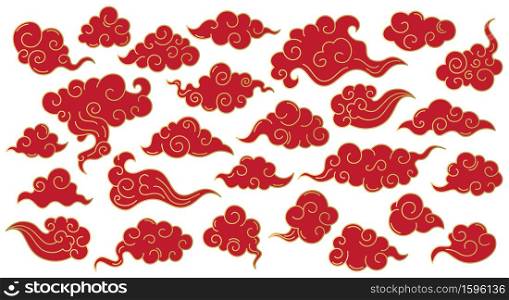 Japanese oriental clouds. Asian traditional sky clouds, korean doodle ornament. Chinese oriental decorative vector symbols. Red east sky elements of different shape isolated on white. Japanese oriental clouds. Asian traditional sky clouds, korean doodle ornament. Chinese oriental decorative vector symbols