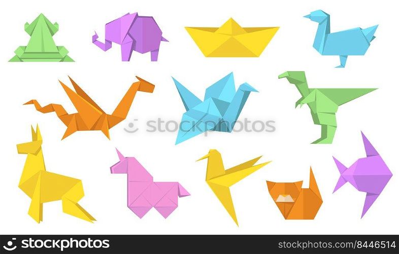 Japanese origami animals flat illustration set. Cartoon polygon paper horse, hare, bird, frog, fish and cat isolated vector illustration collection. Modern hobby and relaxation concept