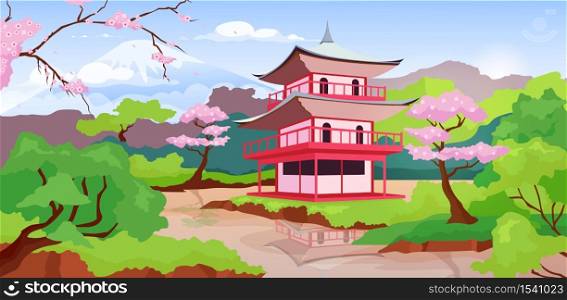 Japanese pagoda and Fuji Mount flat color vector illustration. Traditional, ancient temples in Japan. Asian cultural attractions 2D cartoon landscape with mountains on background. Japanese pagoda and Fuji Mount flat color vector illustration