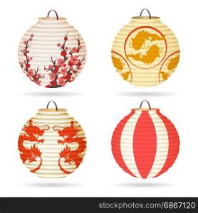 Japanese paper lantern set. Japanese paper lantern set isolated on white or vector chinese hanging lanterns for happy mid-autumn festival or chinese new year