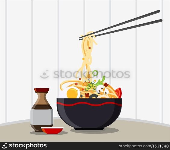 Japanese Ramen On A Bowl , Noodle Soup in Chinese Bowl Asian Food Vector illustration
