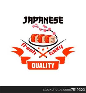 Japanese restaurant emblem. Sushi rolls on plate, chopsticks, cherry blossom and ribbon icons. Design for label, menu card, sticker, door signboard, poster, leaflet, flyer. Japanese restaurant icon. Sushi, chposticks
