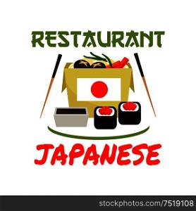 Japanese restaurant emblem. Sushi rolls, sauce, seafood, nori, chopsticks, japanese flag elements for cafe label, menu card, sticker, door signboard poster leaflet flyer. Japanese restaurant icon. Sushi, sauce, chopsticks