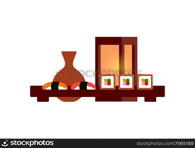 Japanese restaurant food, sushi or roll and sake isolated vector icon. Sashimi with salmon and tuna, vase of alcohol drink and lantern, table setting. Japanese Restaurant Food, Sushi or Roll and Sake