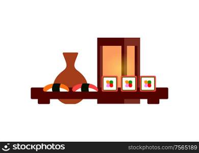 Japanese restaurant food, sushi or roll and sake isolated vector icon. Sashimi with salmon and tuna, vase of alcohol drink and lantern, table setting. Japanese Restaurant Food, Sushi or Roll and Sake
