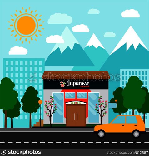 Japanese restaurant shop building and landscape, vector illustration. Japanese restaurant building and landscape