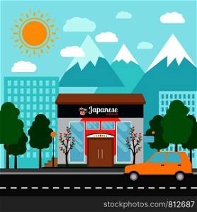 Japanese restaurant shop building and landscape, vector illustration. Japanese restaurant building and landscape