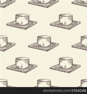 Japanese sake cup eamless pattern. Traditional asian rice alcohol drink glass on wooden stand wallpaper. Engraving vintage style. Vector illustration.. Japanese sake cup eamless pattern. Traditional asian rice alcohol drink glass on wooden stand wallpaper.