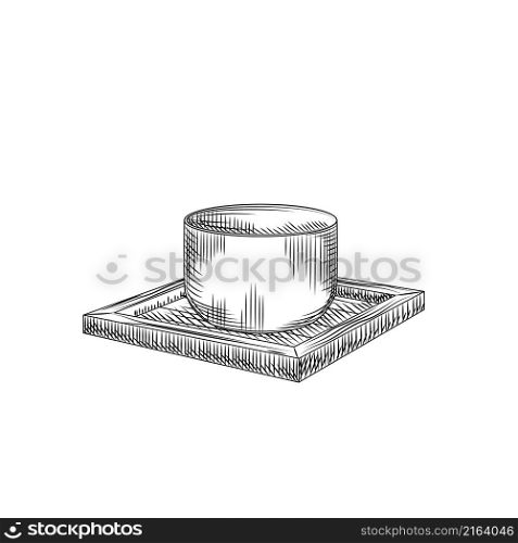 Japanese sake cup isolated on white background. Traditional asian rice alcohol drink glass on wooden stand. Engraving vintage style. Vector illustration.. Japanese sake cup isolated on white background. Traditional asian rice alcohol drink glass on wooden stand.