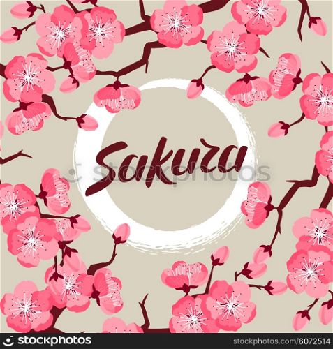 Japanese sakura background with stylized flowers. Image for holiday invitations, greeting cards, posters.