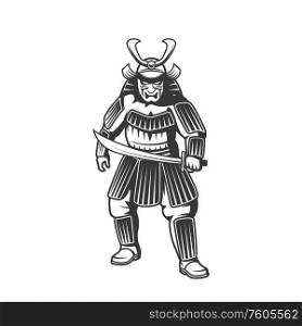 Japanese samurai warrior in traditional armor, mask and katana sword. Vector isolated medieval Japanese Bushido fighter, bushi or buke soldier with samurai weapon, Japan culture and history icon. Japan culture, Japanese samurai in armor