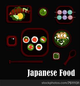 Japanese seafood and dessert with sushi rolls and salmon, avocado and red caviar, soy and wasabi, grilled fish with lemon and cucumber, green tea, soup with mushrooms and dango dumpling with drink. Japanese seafood dishes and dessert