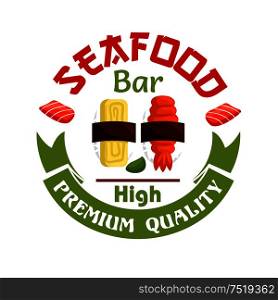 Japanese Seafood bar icon. Sushi and wasabi with green ribbon. Oriental cuisine design for restaurant, eatery and menu. Advertising sticker for door signboard, poster, leaflet, flyer. Seafood bar icon. Sushi and wasabi