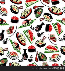 Japanese seafood cuisine seamless pattern with sushi, rice and salmon, shrimps and sashimi, tuna and rolls. Japanese seafood cuisine seamless pattern