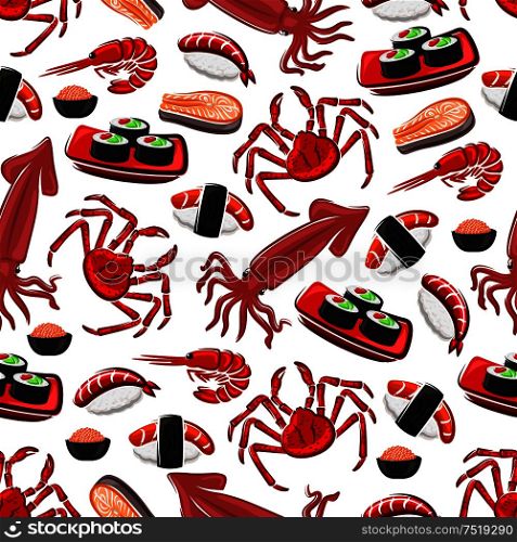 Japanese seafood cuisine seamless pattern with sushi rolls, sushi nigiri with tuna and shrimp, salmon, prawn, crab, squid and red caviar. Seafood background for restaurant or sushi bar design. Japanese seafood cuisine seamless pattern