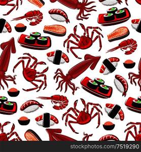 Japanese seafood cuisine seamless pattern with sushi rolls, sushi nigiri with tuna and shrimp, salmon, prawn, crab, squid and red caviar. Seafood background for restaurant or sushi bar design. Japanese seafood cuisine seamless pattern