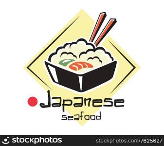 Japanese seafood emblem or label with a bowl of rice and prawns with chopsticks on a beige colored mat above the text - japanese Seafood for restaurant design. Japanese seafood emblem or label