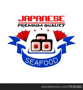 Japanese seafood restaurant icon. Sushi rolls, blue ribbon, stars. Oriental cuisine design for restaurant, eatery and menu. Advertising sticker for door signboard, poster, leaflet, flyer. Japanese premium quality seafood restaurant icon