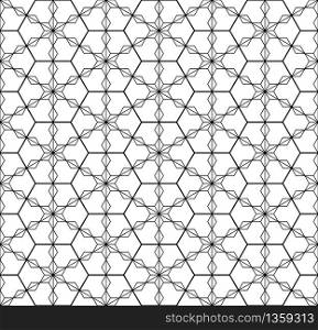Japanese seamless geometric pattern .Black and white silhouette lines.For design template,textile,fabric,wrapping paper,laser cutting and engraving.Hexagon grid.. Seamless traditional Japanese geometric ornament .Black and white.