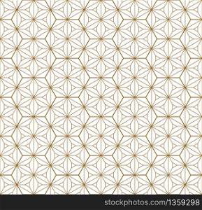 Japanese seamless geometric pattern .Gold silhouette lines.For design template,textile,fabric,wrapping paper,laser cutting and engraving.Hexagon grid.Thick and medium thickness lines. Seamless traditional Japanese geometric ornament .Golden color lines.