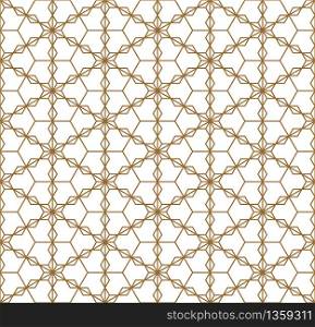 Japanese seamless geometric pattern .Gold silhouette lines.For design template,textile,fabric,wrapping paper,laser cutting and engraving.Hexagon grid.. Seamless traditional Japanese geometric ornament .Golden color lines.